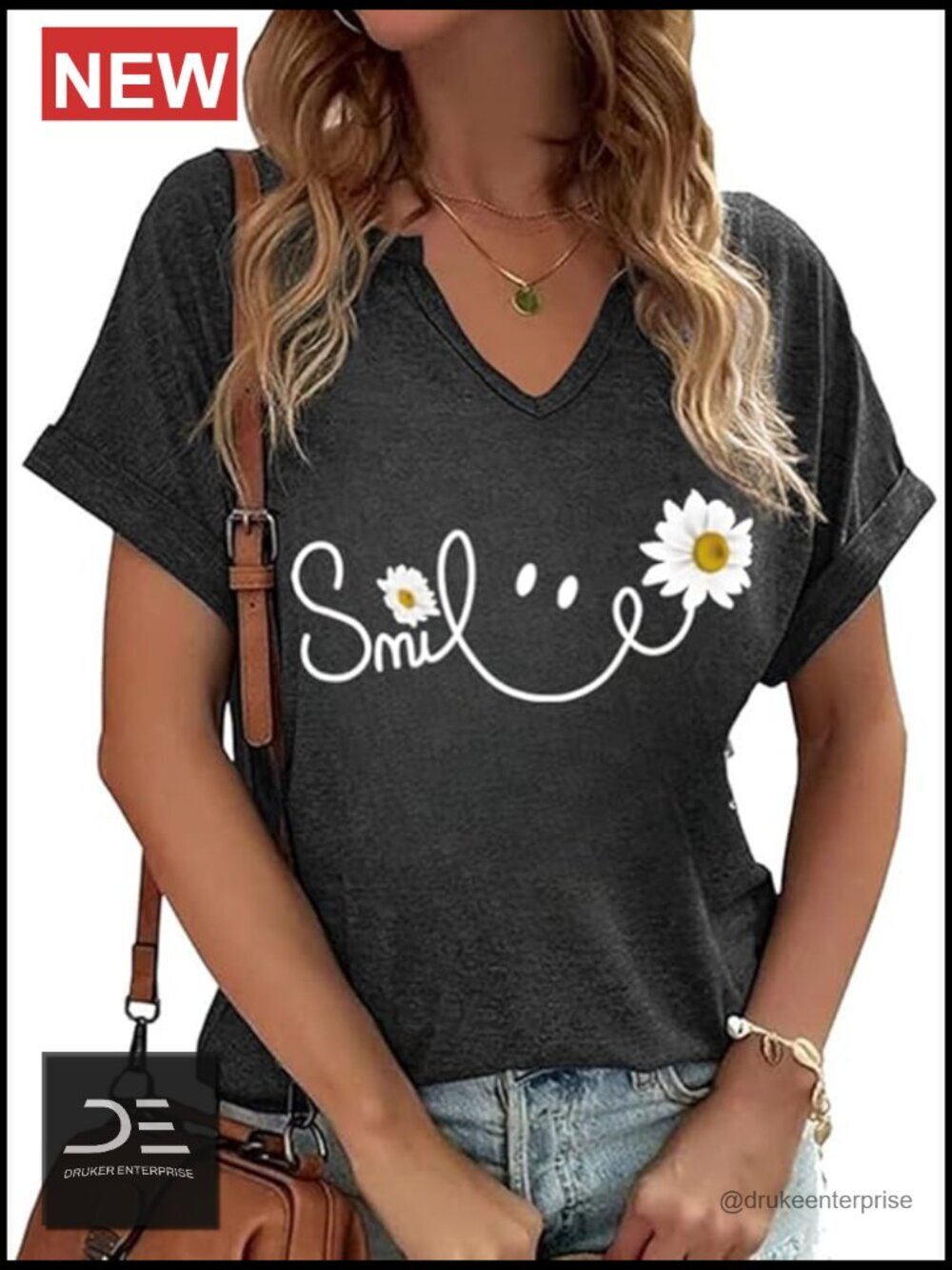 Boho Floral Vine V-neck Short Sleeve T-shirt Cotton Blend Tee